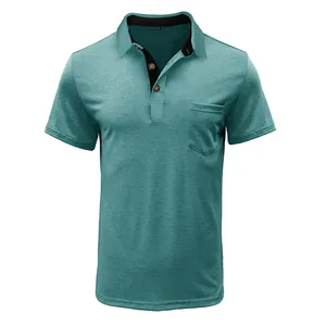 Detail view of men's turquoise polo shirt with cooling fabric and chest pocket