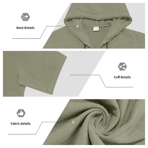 Dettagli di collo, polsini e tessuto traspirante per camicia con cappuccio da uomo.