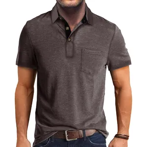 Men's cooling short sleeve polo shirt in brown featuring front pocket and lapel collar