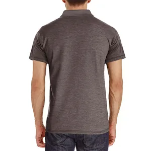 Back view of a premium men's heather grey short-sleeve Polo shirt with cooling fabric.