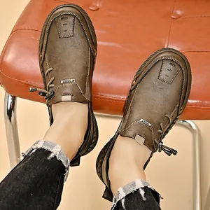 Men's casual hand-stitched brown leather shoes with thick soles and slip-on design.