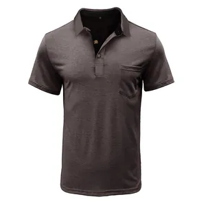 Close-up detail of a dark grey men's short sleeve polo shirt with a chest pocket.