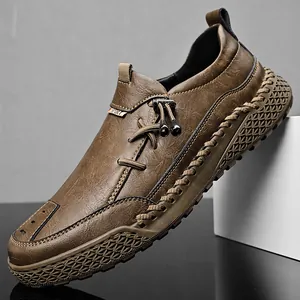 Men's casual brown leather shoes with hand-stitched details and thick anti-slip sole