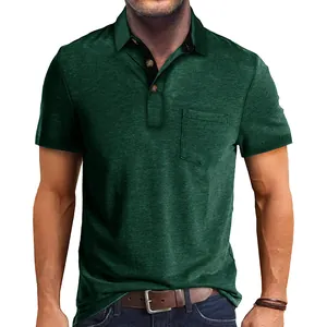 Close-up detail of men's dark green polo shirt featuring a chest pocket and textured fabric
