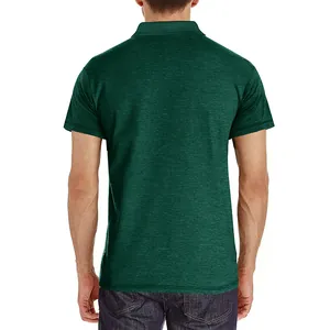 Back view of men's dark green heathered short sleeve polo shirt with cool touch fabric