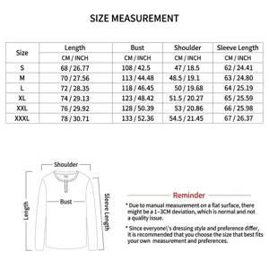 Gedetailleerde maattabel voor fleece sweatshirt met lange mouwen in CM en INCH