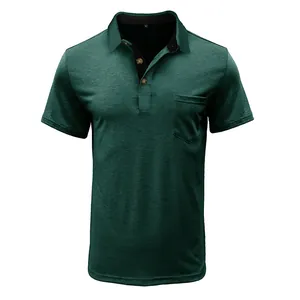 Detail view of a men's dark green cooling Polo shirt with a front pocket and contrast collar