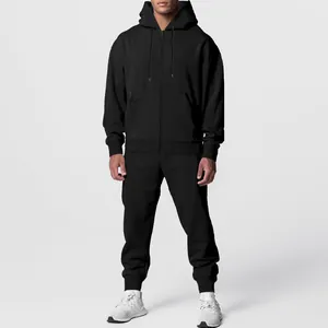 Herren Trainingsanzug-Set aus schwarzem Fleece mit Kapuzenjacke und Jogginghose