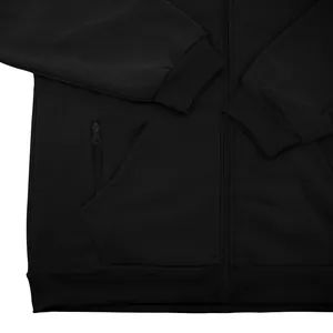 Detail of black men's fleece hoodie featuring front zipper and zippered side pocket.