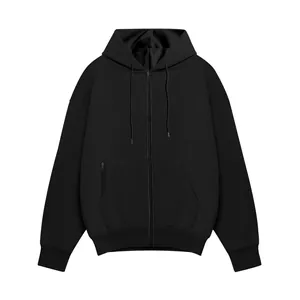 Detailed view of black full-zip hoodie with hood drawstring and ribbed cuffs