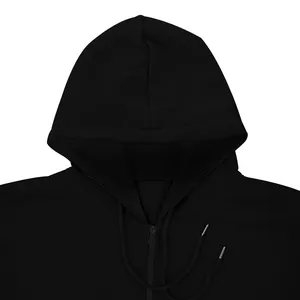 Close-up detail of a black hooded sweatshirt with drawstring and zipper