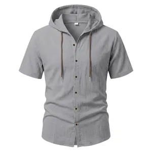 Camicia a maniche corte con cappuccio in lino grigio, bottoni e coulisse da uomo.