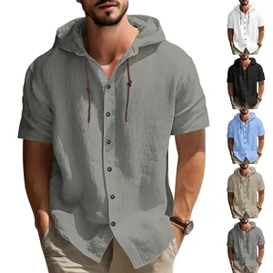 Camiseta informal de hombre con capucha, manga corta y botones en tejido de lino