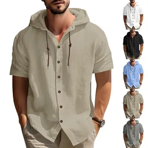 Camisa de manga corta con capucha y botones para hombre, estilo lino