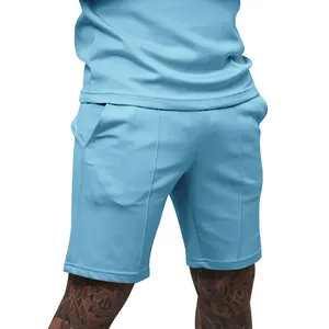Detailed macro view of light blue pinstripe golf shorts for men featuring athletic fit