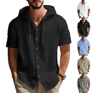 Camisa informal de hombre con capucha y manga corta, textura lino, varios colores
