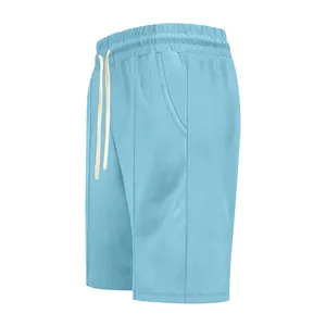 Side profile view of light blue ribbed casual shorts with adjustable white drawstring