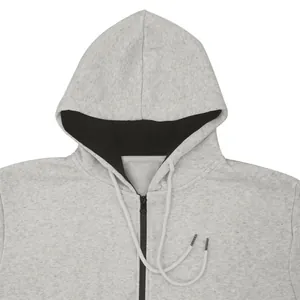 Close-up detail of men's heather grey hooded fleece sweatshirt with drawstring and zipper