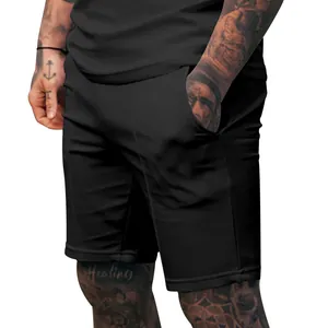 Detail view of men's black athletic shorts showing fabric texture and stitching