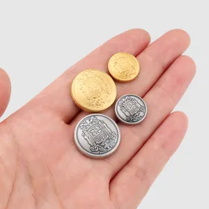 Set of high-end vintage metal crest buttons in gold and antique silver finishes for garments