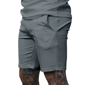Detail view of grey ribbed texture men's casual sports shorts with side pocket.