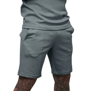 Detailed view of grey pinstripe casual golf shorts for men with athletic fit