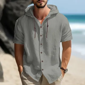 Chemise à capuche boutonnée en lin gris clair respirant pour homme, style décontracté