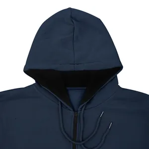 Detailed view of a navy blue men's fleece zip-up hoodie showing the collar and hood