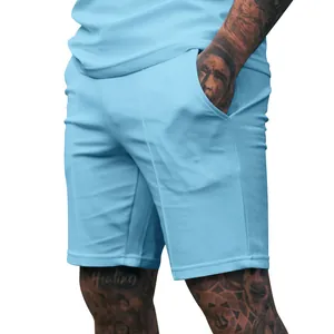 Detailed view of light blue men's casual athletic shorts featuring side pocket