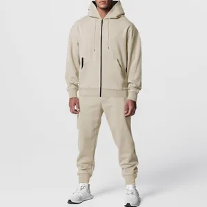 Herren minimalistischer khakifarbener Fleece-Trainingsanzug mit Kapuzenjacke und Jogginghose