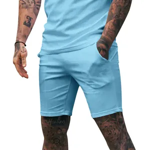 Close-up view of light blue men's casual sports shorts with functional side pockets