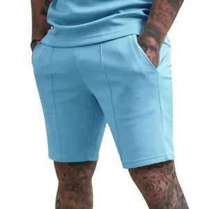 Close-up detail of men's sky blue casual sports shorts with side pocket and stitching