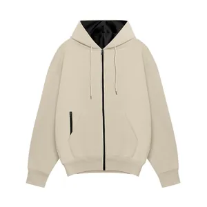 Premium men's beige fleece zip-up hoodie featuring black hood lining and zipper detail