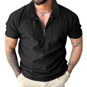 Premium black ribbed short-sleeve polo shirt for men featuring a half-zip collar