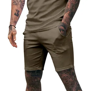 Detailed view of men's olive green slim fit casual sports shorts in solid color