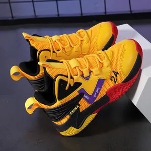 Vibrant yellow children's basketball shoes with breathable mesh and anti-slip sole detail