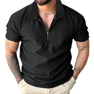 Polo da Uomo Casual in Cotone Texture a Costine Top a Maniche Corte Moda Scollo con Cerniera Estate Tinta Unita Slim Fit Polo Top