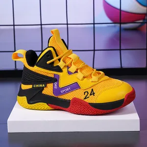 Detailed side view of yellow and black high-top breathable mesh basketball shoes