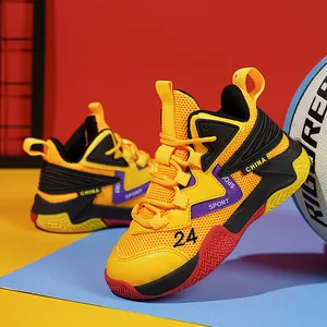 Vibrant yellow breathable kids' basketball shoes featuring anti-slip rubber soles for sports.