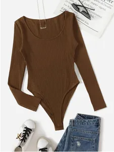 Stylish women's brown long-sleeved ribbed bodysuit featuring a classic round neck design
