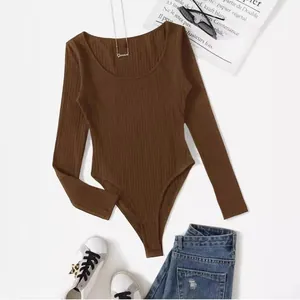 Brown round neck long sleeve ribbed bodysuit styled with jeans and sneakers