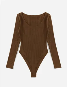 Brown long-sleeve ribbed bodysuit with a flattering scoop neckline detail.