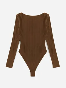 Back view detail of a brown ribbed long sleeve bodysuit featuring a scoop neckline