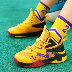 High-top yellow breathable mesh basketball shoes for youth featuring a stylish 24 print