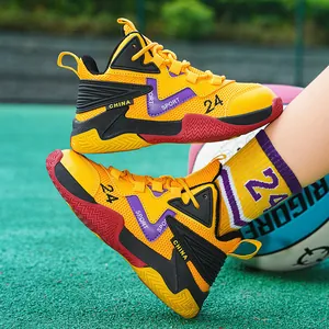 Side view detail of breathable mesh yellow and purple sports basketball shoes for kids
