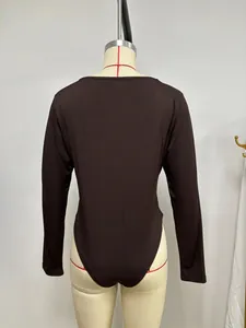 Rear view of a brown long-sleeved ribbed bodysuit with a high cut leg on a mannequin