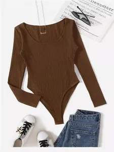Women Sexy Ribbed Bodysuit Solid Color Round Neck Long Sleeve Slim Fit One Piece Leotard Top For Daily Wear Fashion Clothing