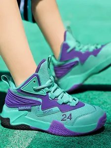High-top youth basketball shoes in mint green and purple with breathable mesh finish