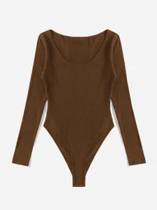 Solid brown ribbed long sleeve bodysuit with a scoop neckline for women's daily wear.