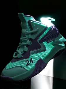 Breathable teal and purple high-top basketball shoes for teens with anti-slip sole